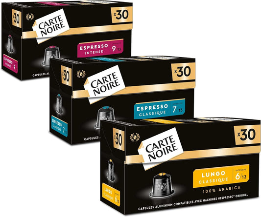 CARTE NOIRE - Assortiment Capsules Café Compatibles Nespresso® - N°6 Lungo, N°7 Classique, N°9 Intense - Café Arabica - Lot de 3 x 30 Capsules Aluminium - Fabriqué en France